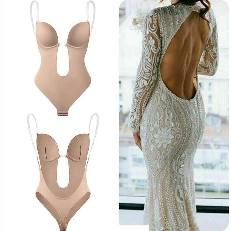 XL Women Deep U Plunge Seamless Push Up Bra Thong Body Shaper Backless Bodysuit - Skin