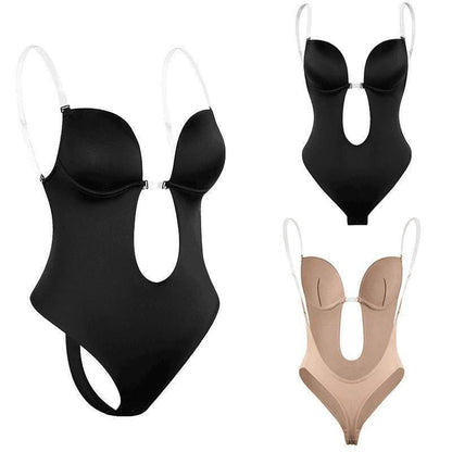 XL Women Deep U Plunge Seamless Push Up Bra Thong Body Shaper Backless Bodysuit - Black