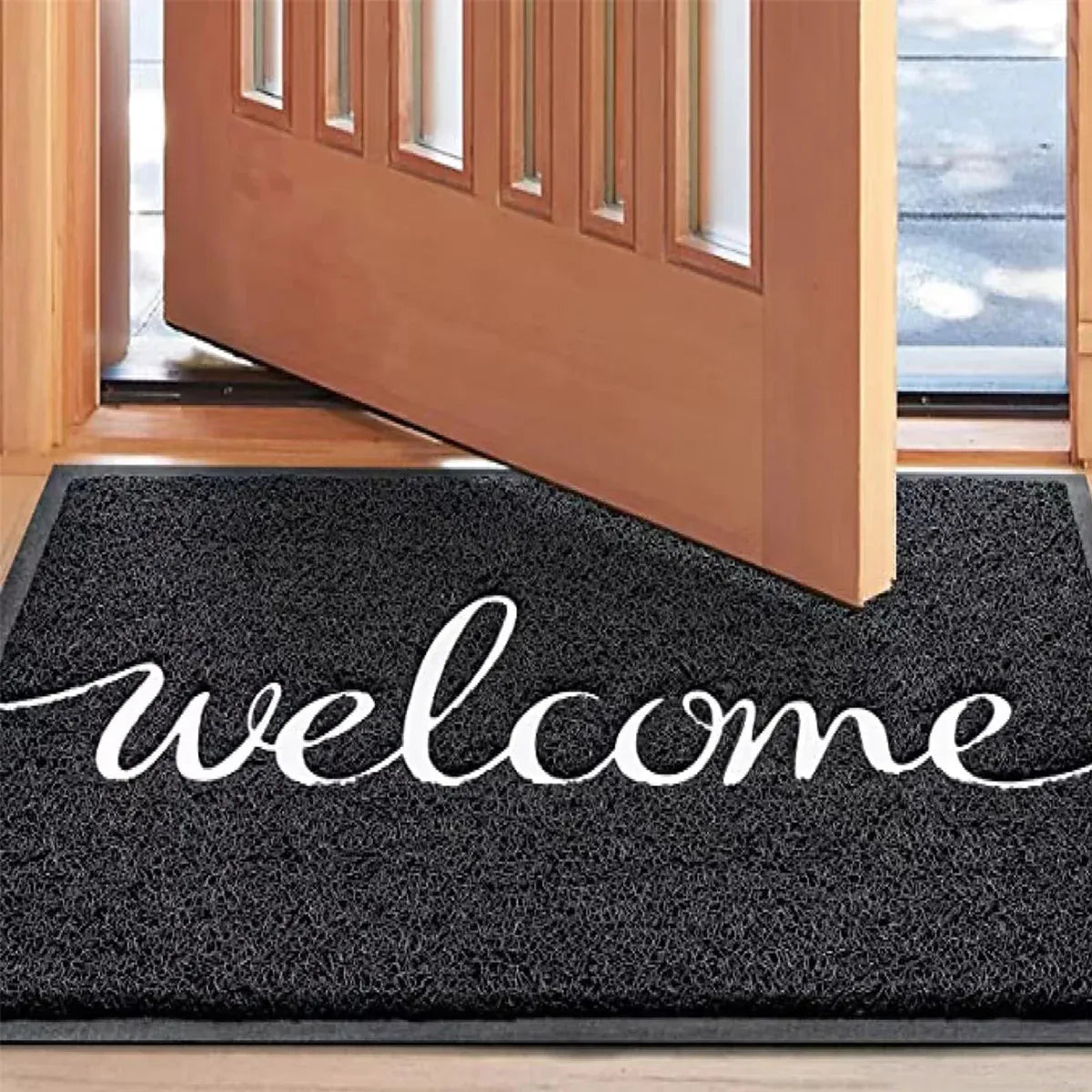Black Door Mat Welcome Carpet Modern Simple Silk Ring Floor Entrance Rug Indoor