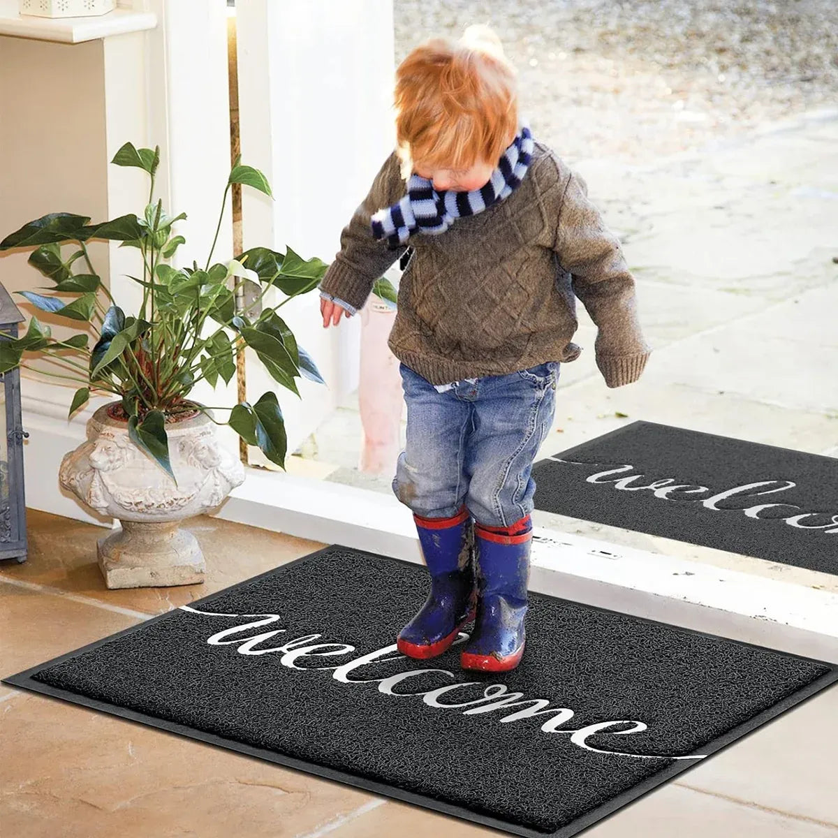 Black Door Mat Welcome Carpet Modern Simple Silk Ring Floor Entrance Rug Indoor