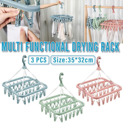 3-Piece Multi-Clip Clothes Drying Rack Pack, Blue, Green and Pink