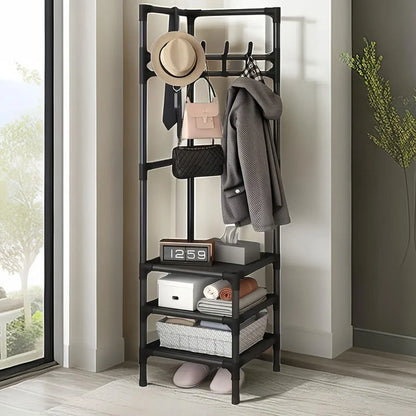 1-Piece Corner Clothes Rack with Shelves and Hooks, Black
