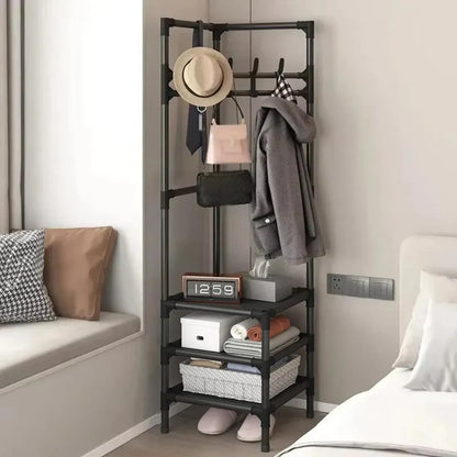 1-Piece Corner Clothes Rack with Shelves and Hooks, Black