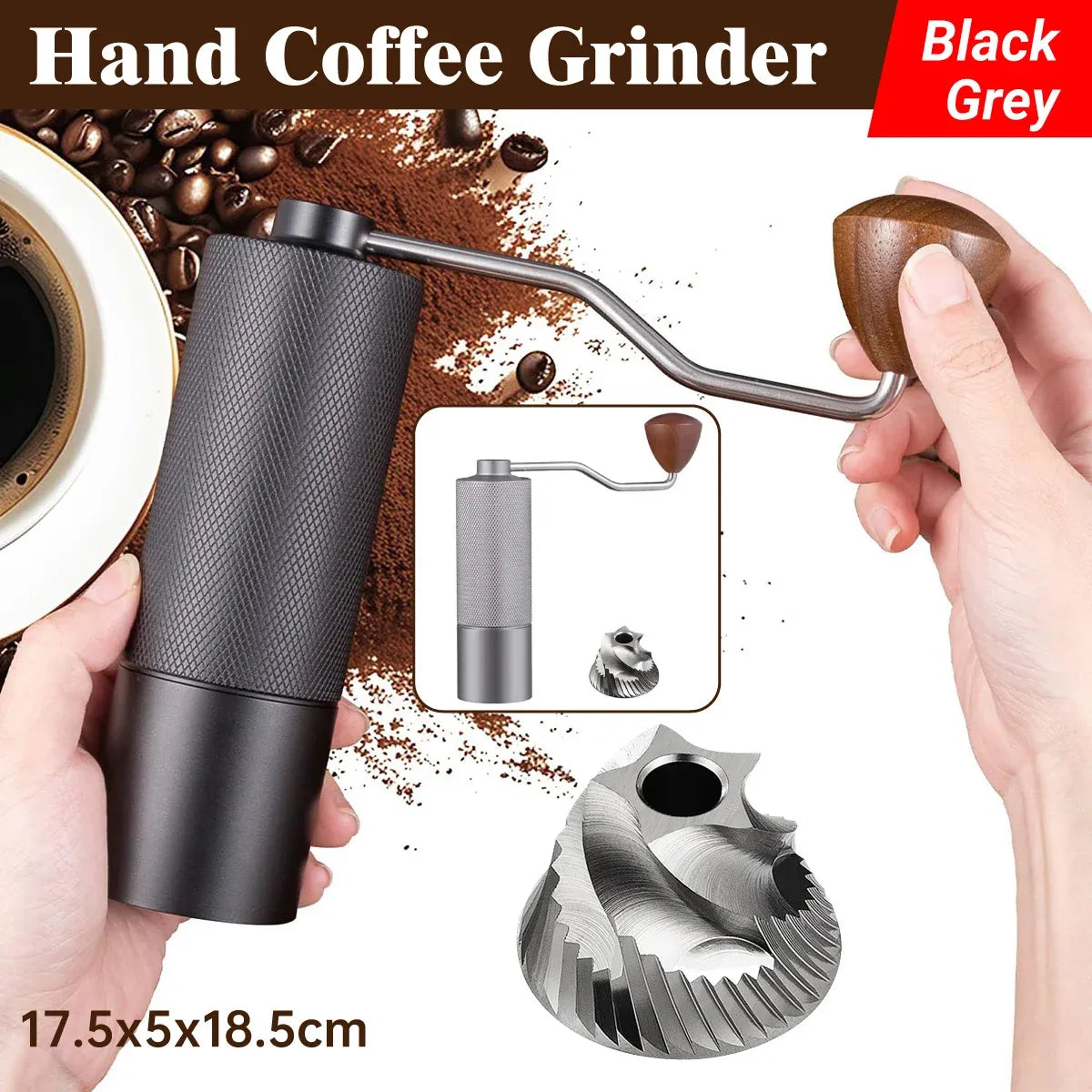 Hand Crank Coffee Grinder for Home Travel Stainless Steel Durable Easy Clean - Grey