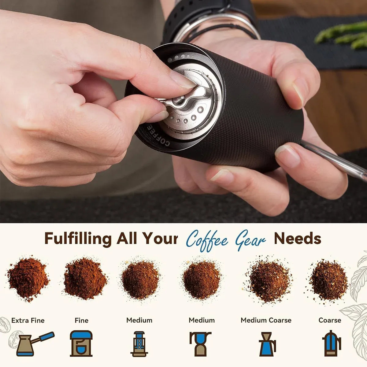 Hand Crank Coffee Grinder for Home Travel Stainless Steel Durable Easy Clean - Grey