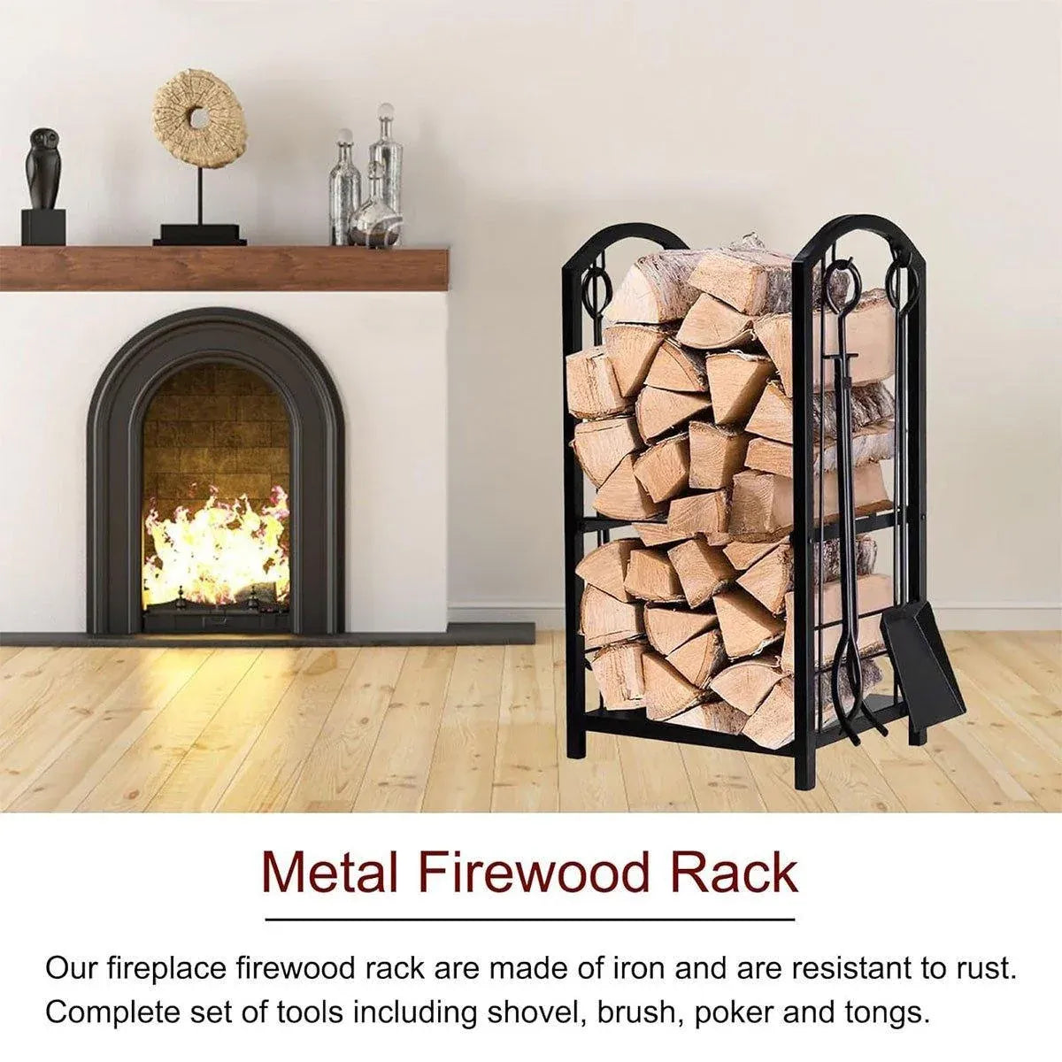 5-Piece Firewood Storage Rack and Fireplace Tool Set