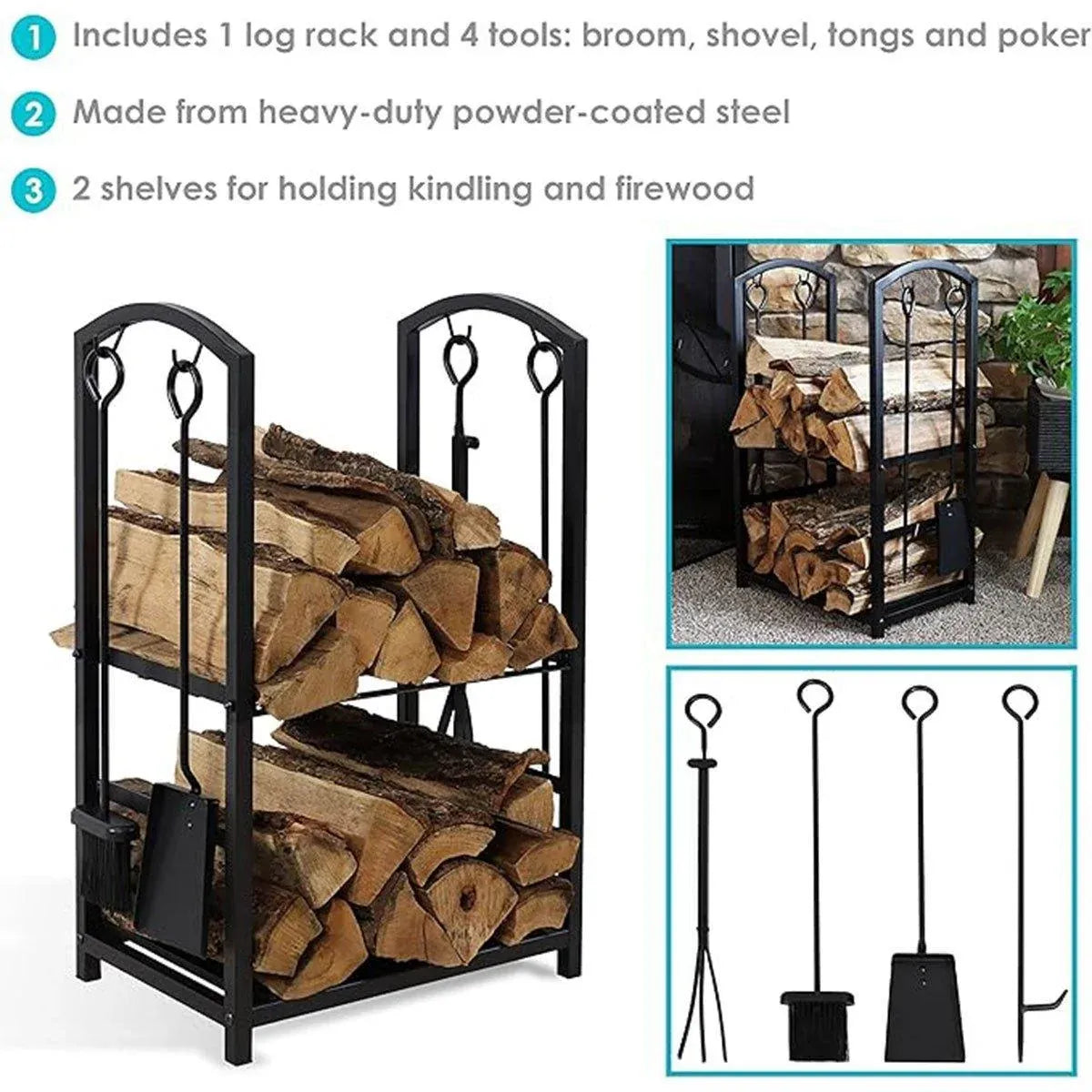 5-Piece Firewood Storage Rack and Fireplace Tool Set
