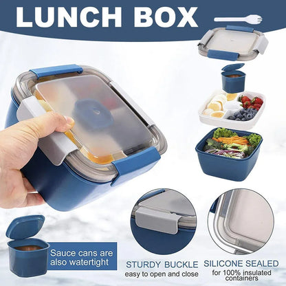 1-Piece Blue Two-Tier Lunch Box with Tray, Dressing Container and Fork