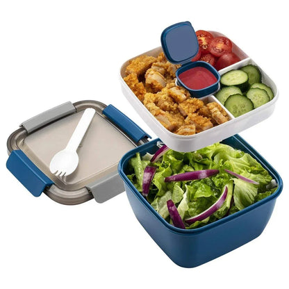 1-Piece Blue Two-Tier Lunch Box with Tray, Dressing Container and Fork