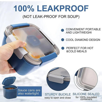 1-Piece Blue Two-Tier Lunch Box with Tray, Dressing Container and Fork