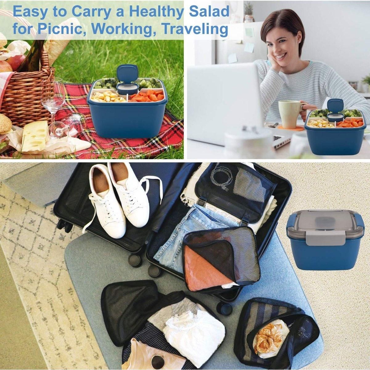 1-Piece Blue Two-Tier Lunch Box with Tray, Dressing Container and Fork