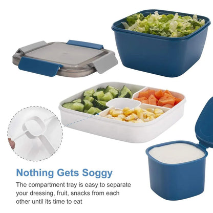 1-Piece Blue Two-Tier Lunch Box with Tray, Dressing Container and Fork