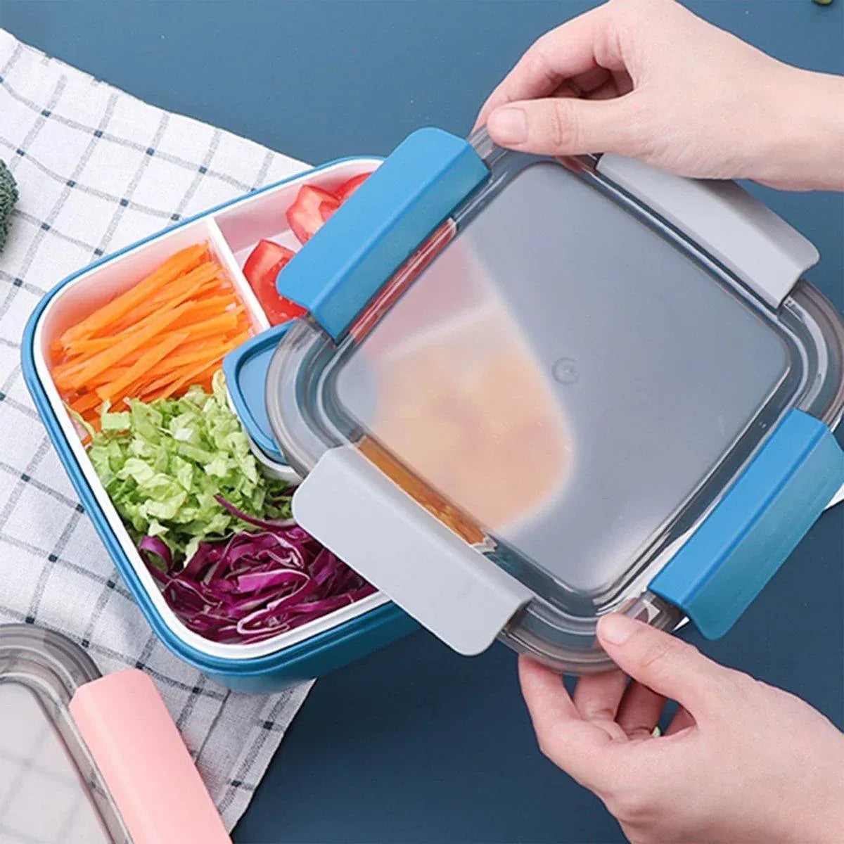 1-Piece Blue Two-Tier Lunch Box with Tray, Dressing Container and Fork