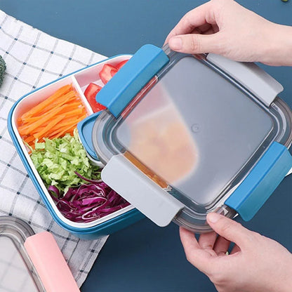 1-Piece Blue Two-Tier Lunch Box with Tray, Dressing Container and Fork