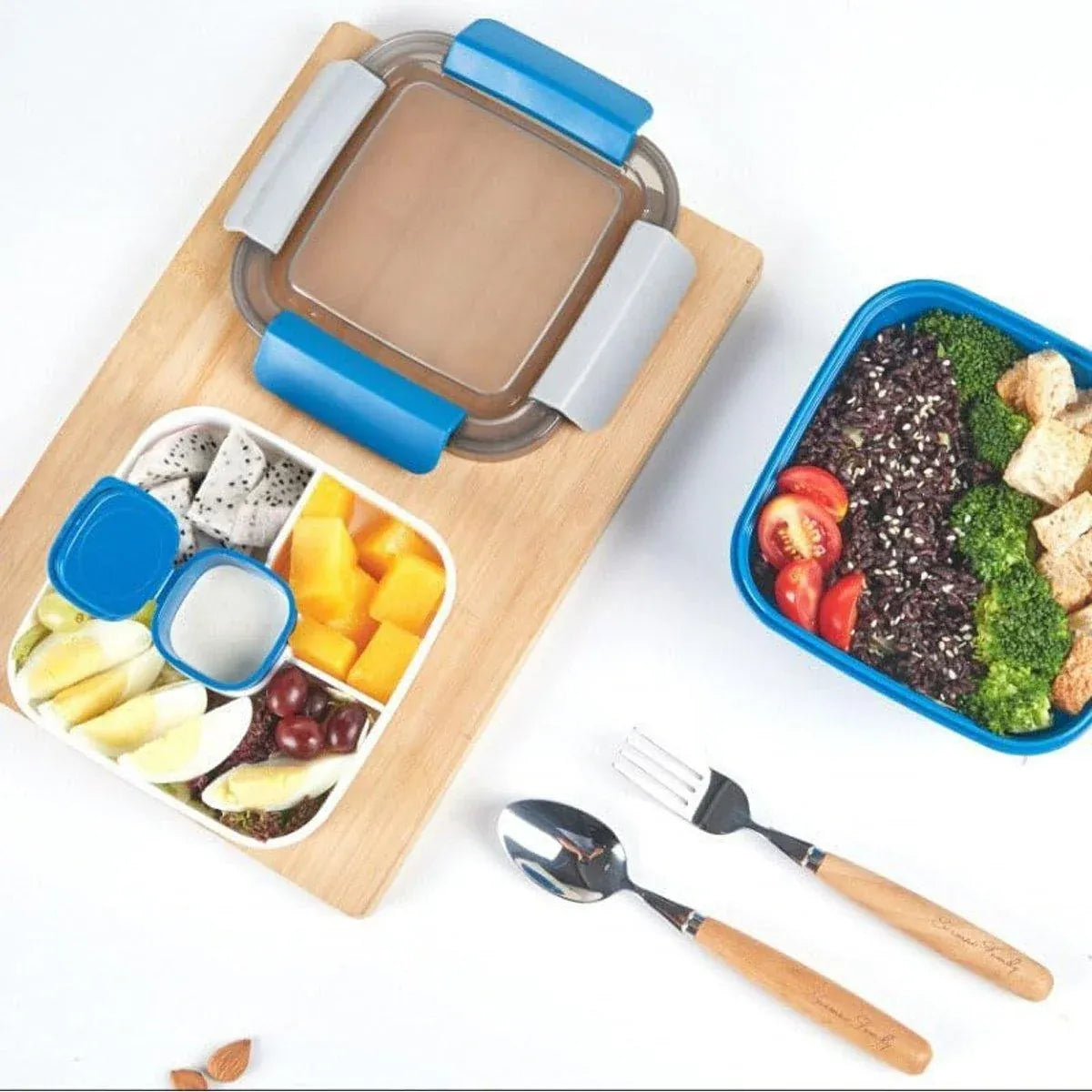 1-Piece Blue Two-Tier Lunch Box with Tray, Dressing Container and Fork