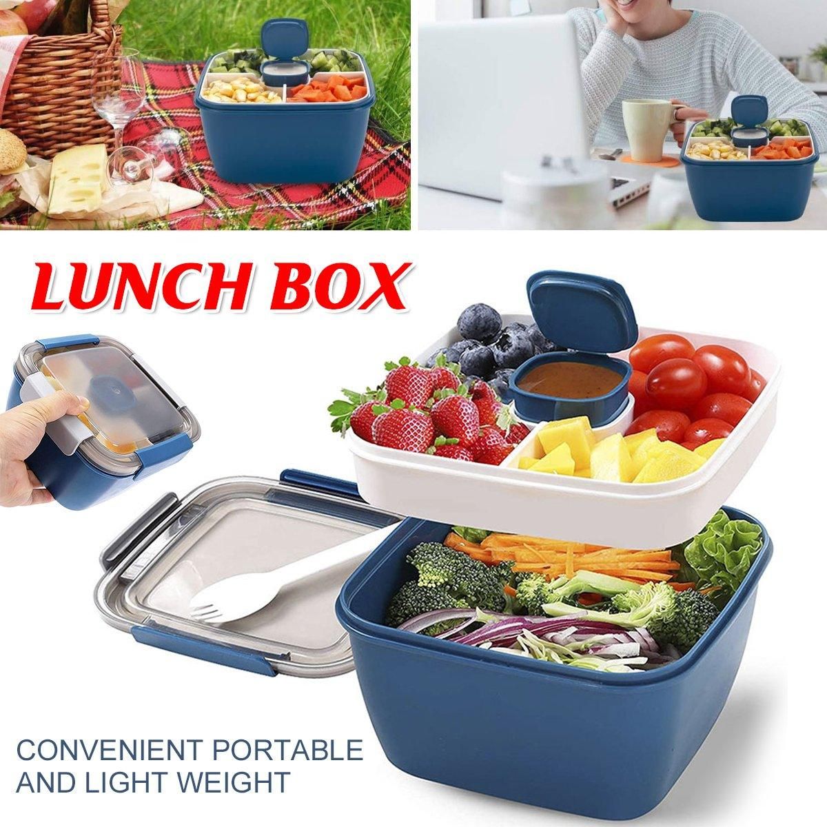 1-Piece Blue Two-Tier Lunch Box with Tray, Dressing Container and Fork
