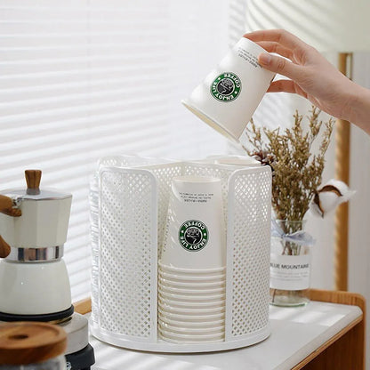 Paper Cup Holder Organizer Swivel Compartment Cup Picker Drink Storage Stand - White