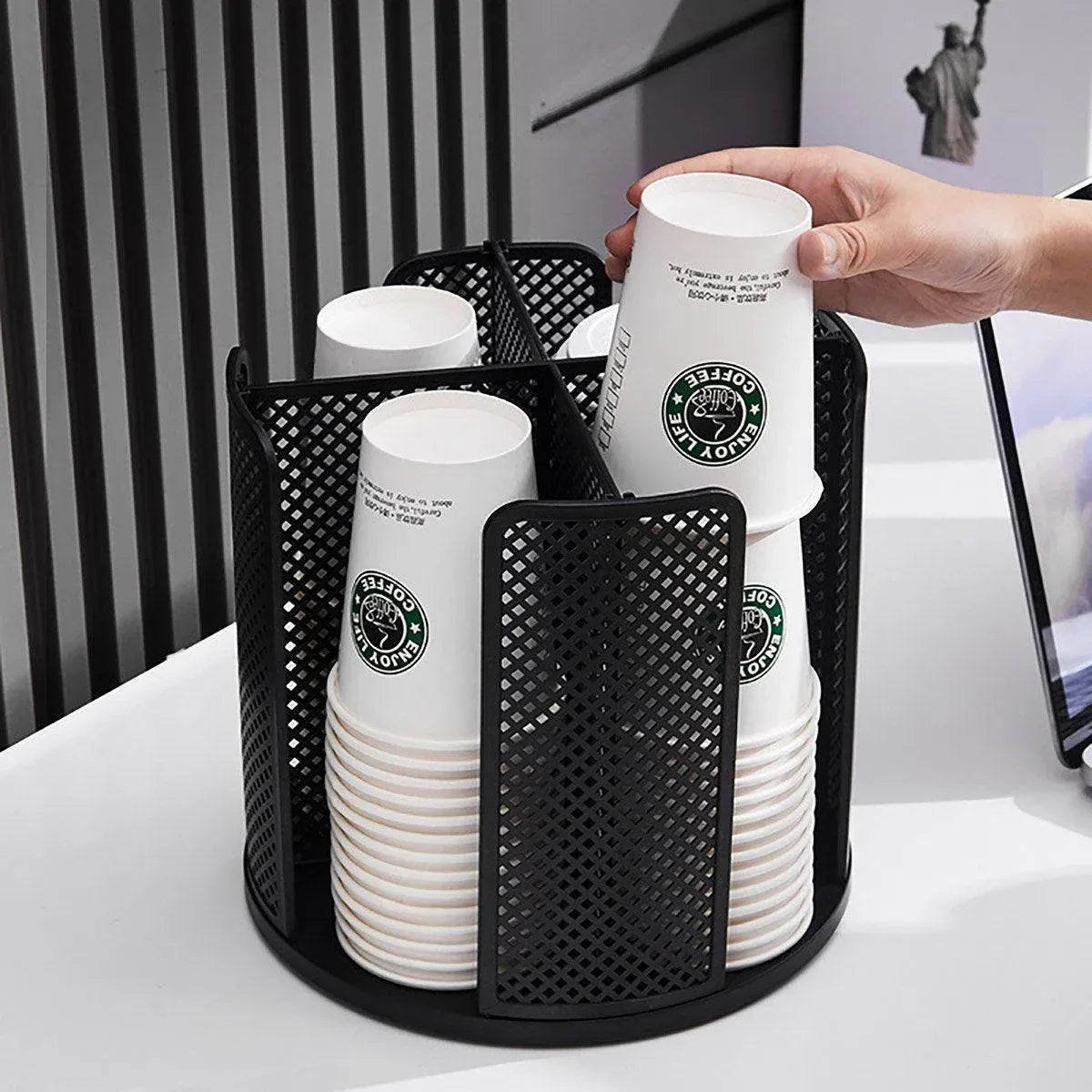 Paper Cup Holder Organizer Swivel Compartment Cup Picker Drink Storage Stand - White