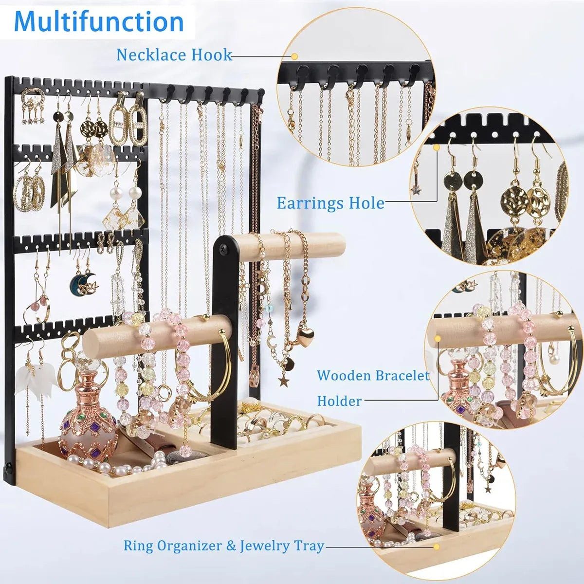 Jewelry Earring Bracelet Display Rack Jewellery Stand Necklace Organizer Holder - Black