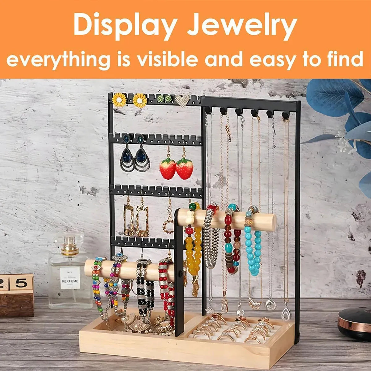 Jewelry Earring Bracelet Display Rack Jewellery Stand Necklace Organizer Holder - Black