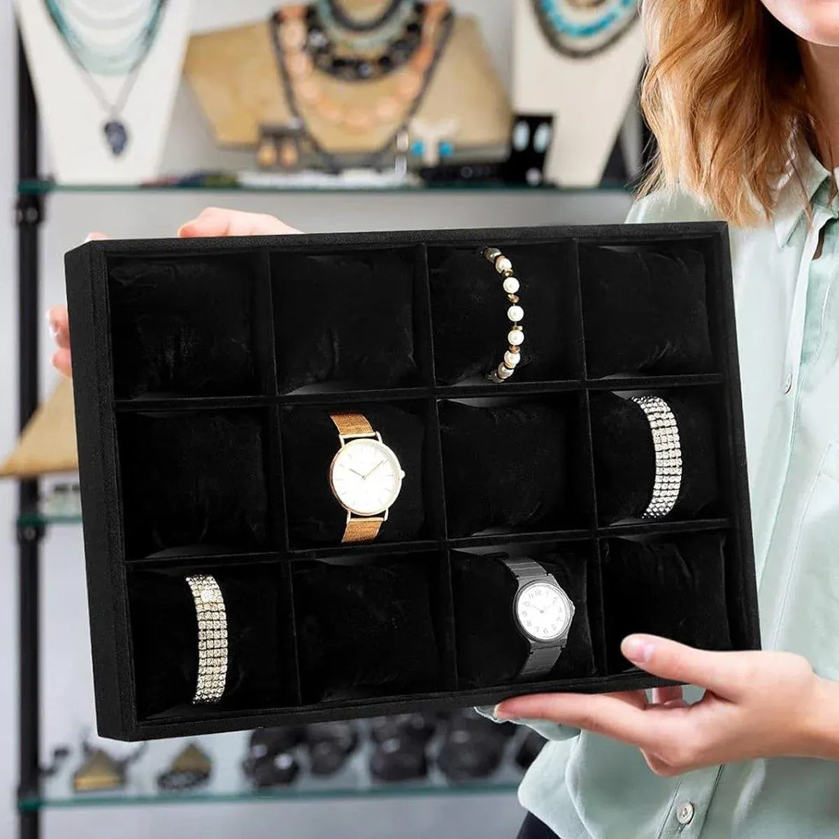 1-Piece Black Velvet Watch and Jewellery Display Tray
