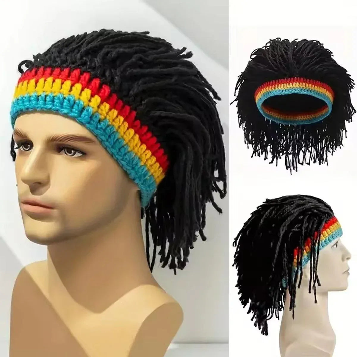 1-Piece Black Knitted Novelty Wig Hat