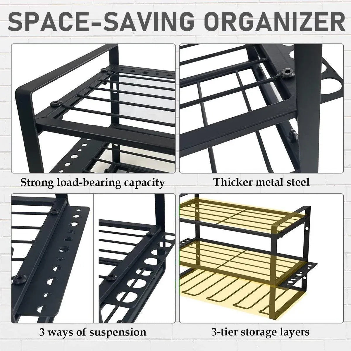 Wall Mounted Power Tool Rack Organiser, 3 Tier, Black, 1 Unit