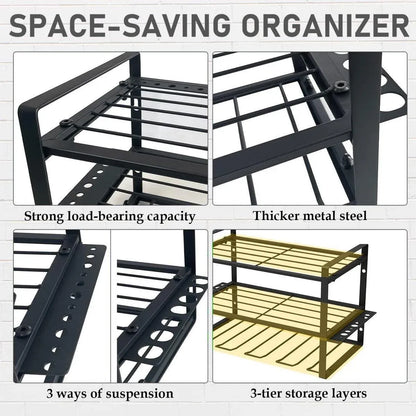 Wall Mounted Power Tool Rack Organiser, 3 Tier, Black, 1 Unit