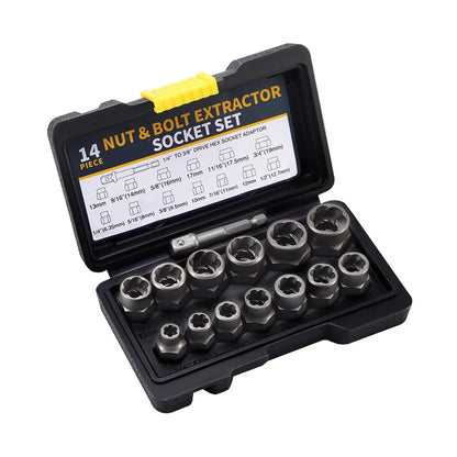 14PCS Nut Extractor Damaged Bolt Remover Tool Set High Hardness Anti-Slip