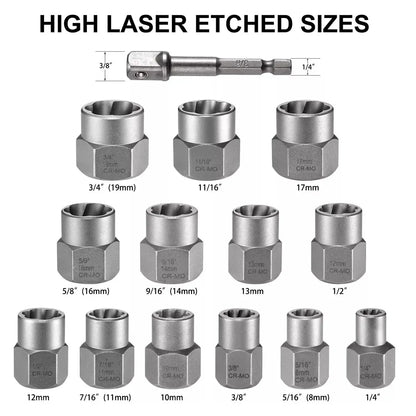 14PCS Nut Extractor Damaged Bolt Remover Tool Set High Hardness Anti-Slip