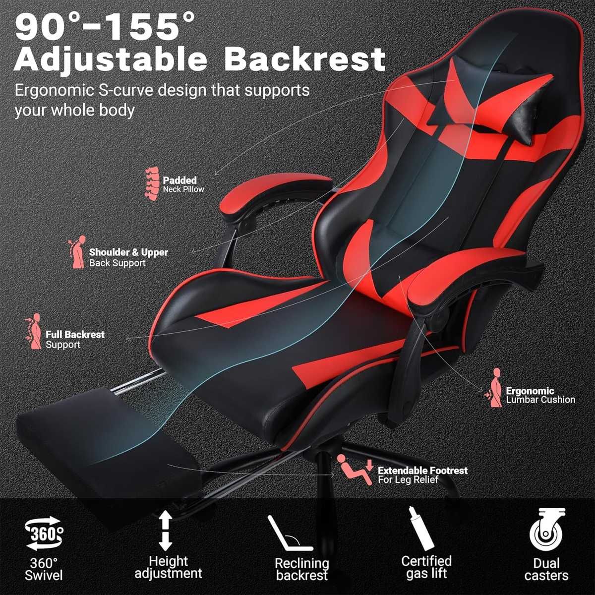 Black and Red Gaming Chair with Footrest and Lumbar Support