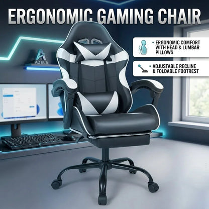 Black and White Gaming Chair with Footrest and Lumbar Support