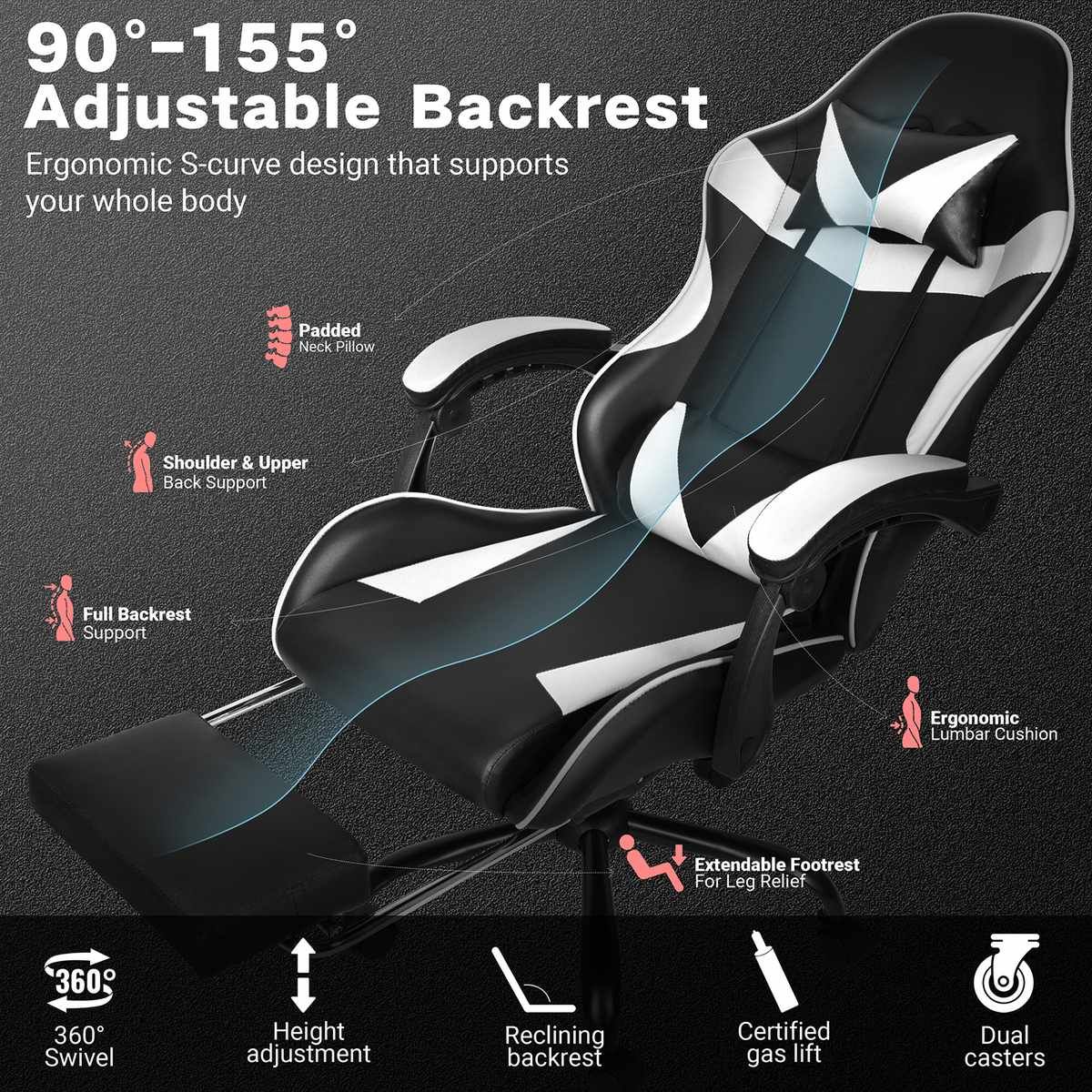 Black and White Gaming Chair with Footrest and Lumbar Support