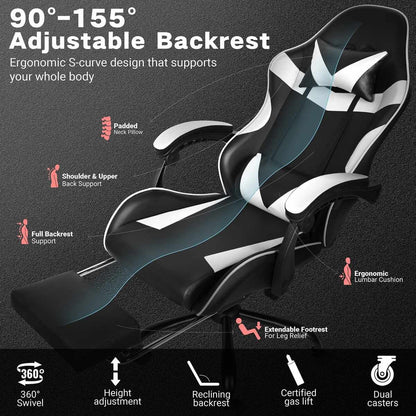 Black and White Gaming Chair with Footrest and Lumbar Support