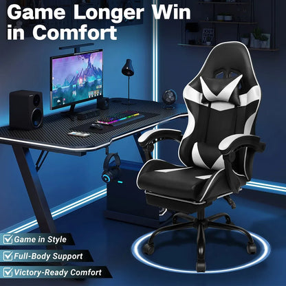 Black and White Gaming Chair with Footrest and Lumbar Support