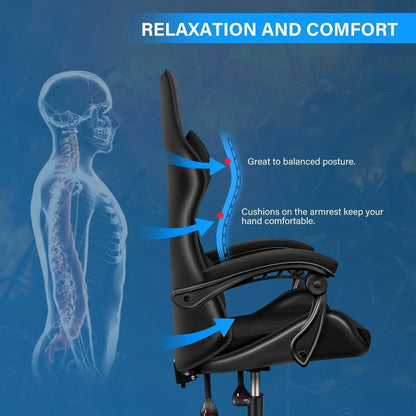 Black and White Gaming Chair with Footrest and Lumbar Support