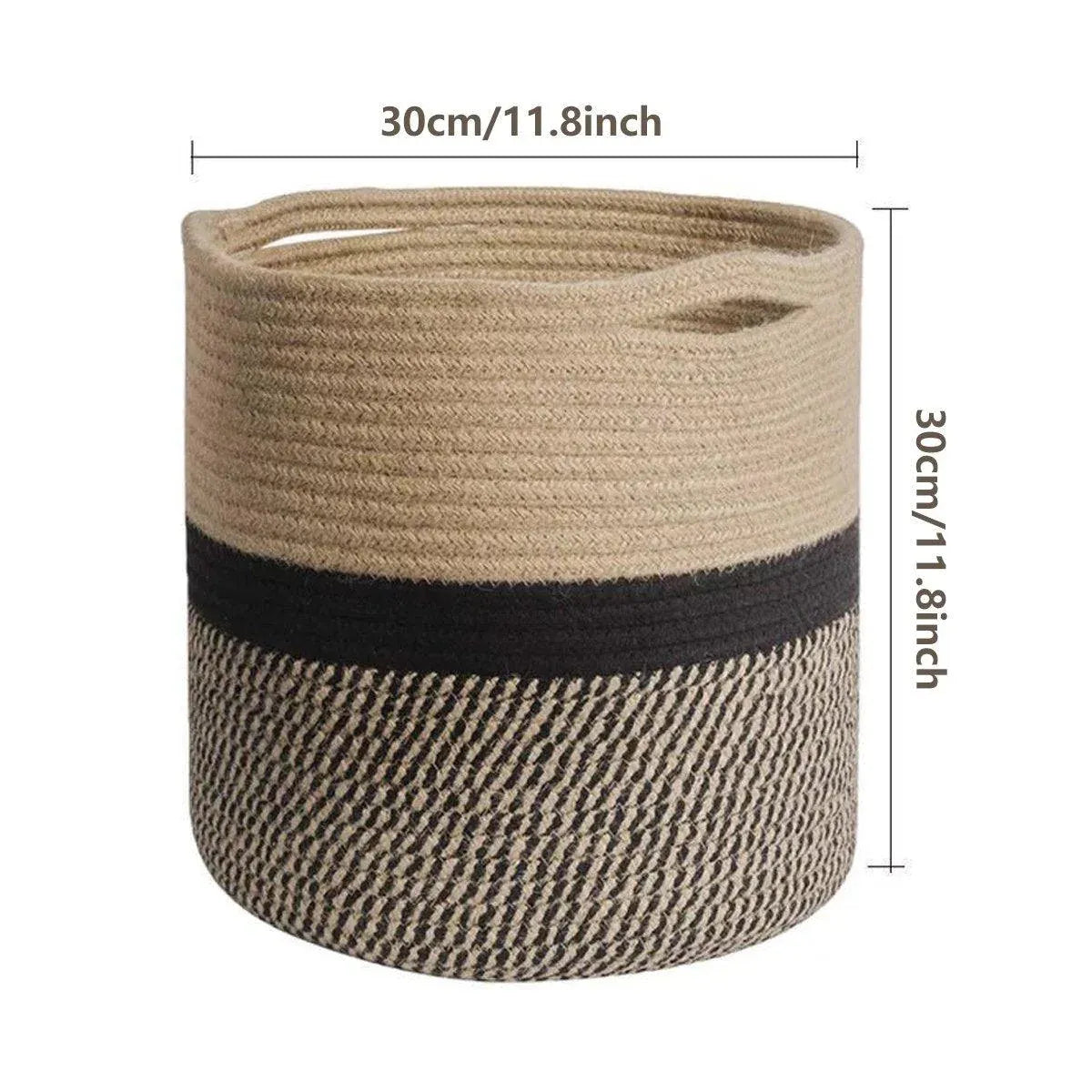 1-Piece 30 cm Woven Cotton Rope Storage Basket, Black and Beige