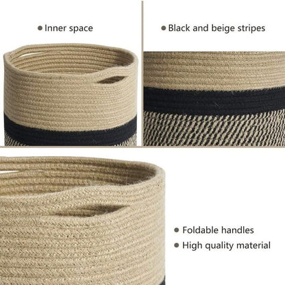 1-Piece 30 cm Woven Cotton Rope Storage Basket, Black and Beige
