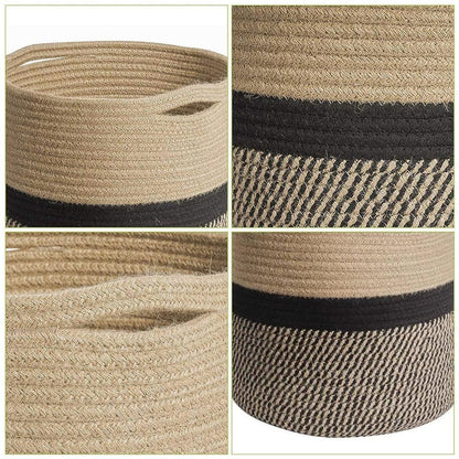 1-Piece 30 cm Woven Cotton Rope Storage Basket, Black and Beige