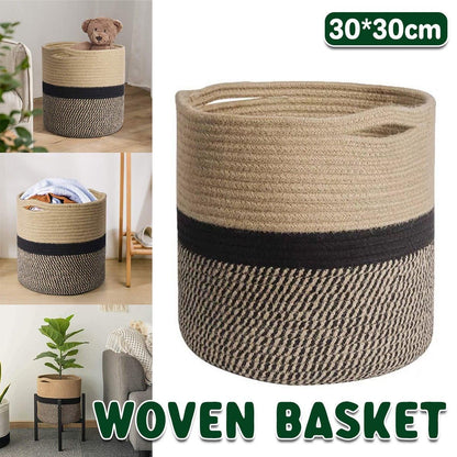 1-Piece 30 cm Woven Cotton Rope Storage Basket, Black and Beige