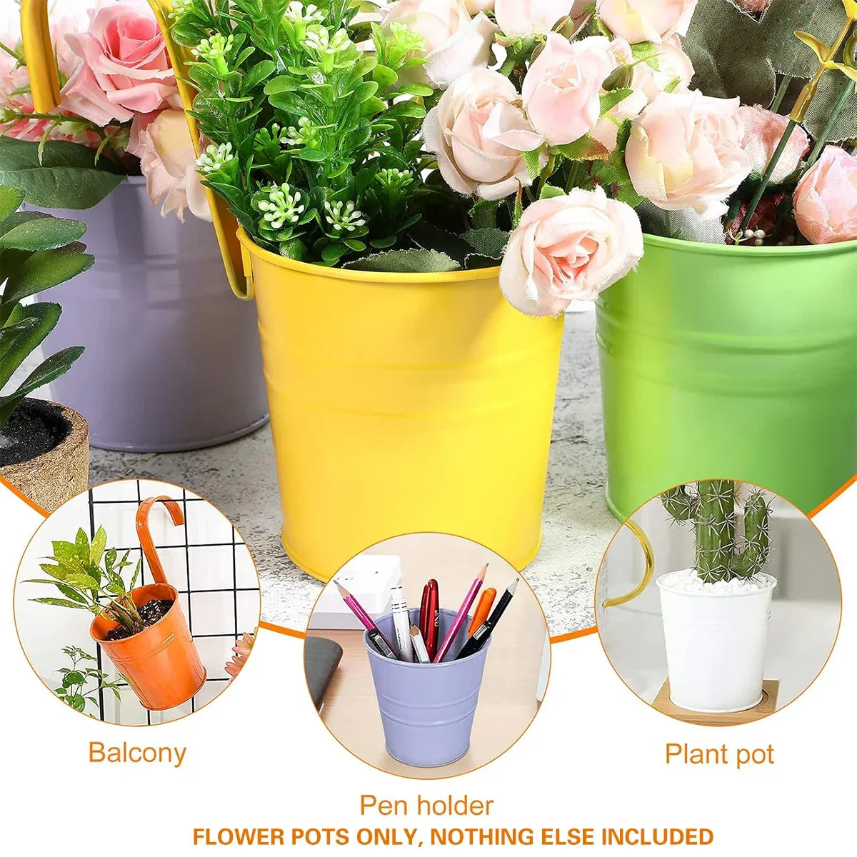 10PCS Hanging Metal Flower Bucket Durable Multicolour for Balcony Garden Decor