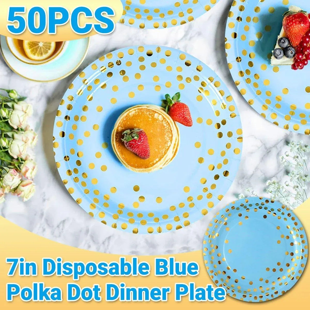 50-Pack Blue and Gold Polka Dot Disposable Paper Dessert Plates, 7 in