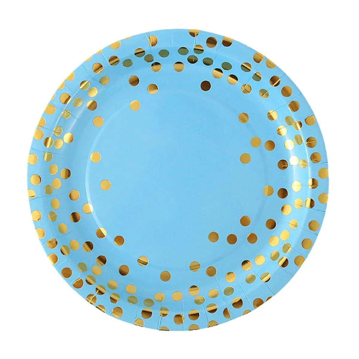 50-Pack Blue and Gold Polka Dot Disposable Paper Dessert Plates, 7 in