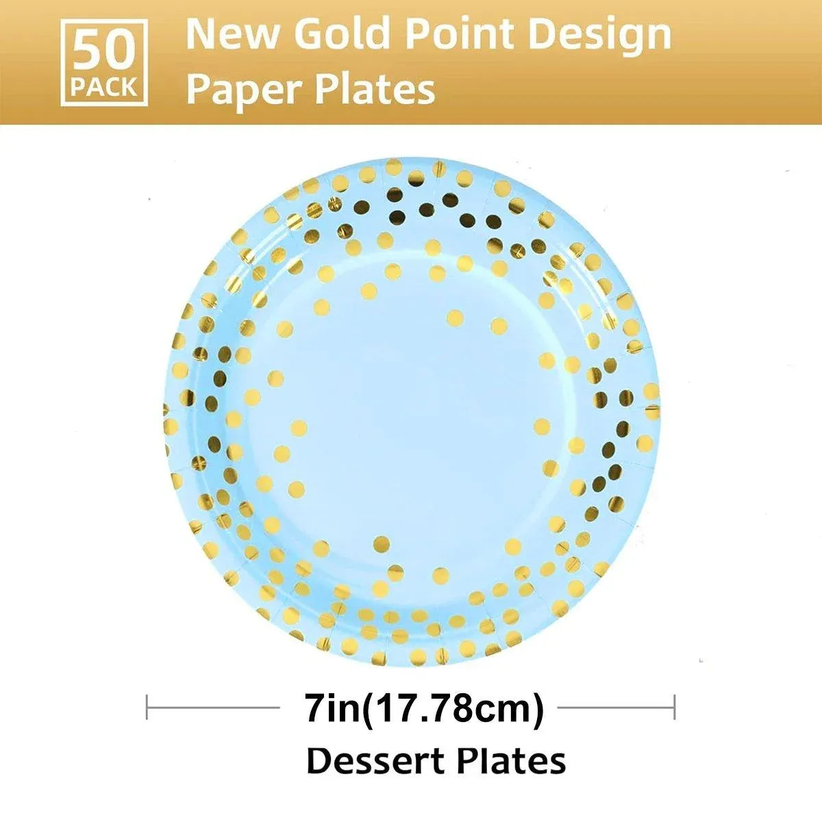 50-Pack Blue and Gold Polka Dot Disposable Paper Dessert Plates, 7 in