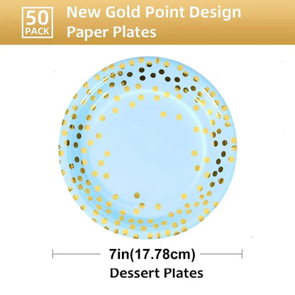 50-Pack Blue and Gold Polka Dot Disposable Paper Dessert Plates, 7 in