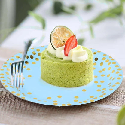 50-Pack Blue and Gold Polka Dot Disposable Paper Dessert Plates, 7 in
