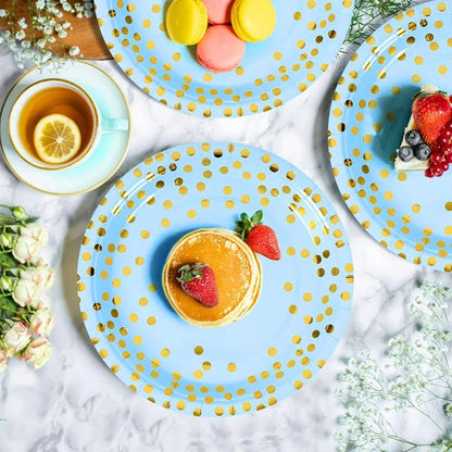 50-Pack Blue and Gold Polka Dot Disposable Paper Dessert Plates, 7 in