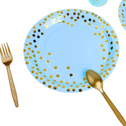 50-Pack Blue and Gold Polka Dot Disposable Paper Dessert Plates, 7 in
