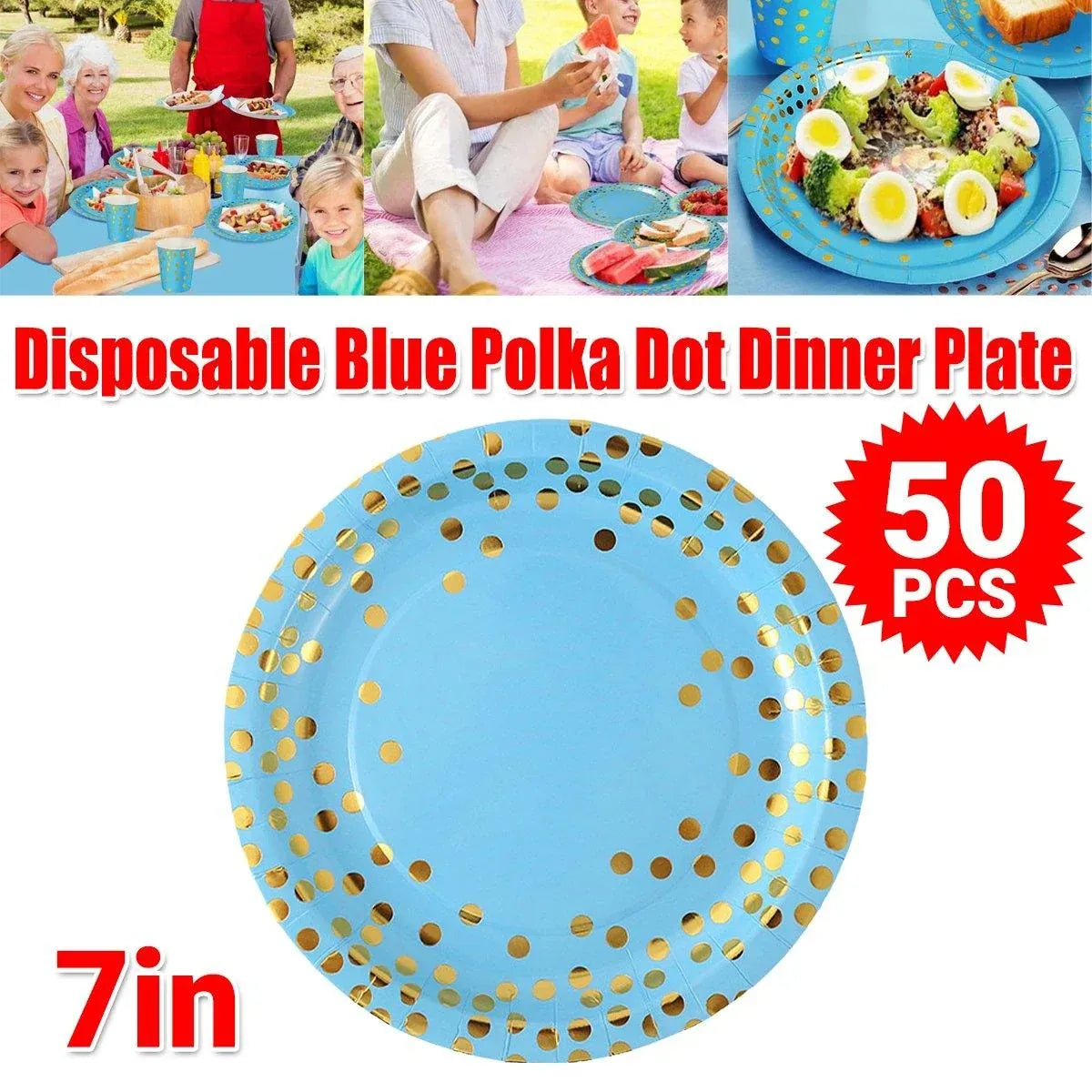 50-Pack Blue and Gold Polka Dot Disposable Paper Dessert Plates, 7 in
