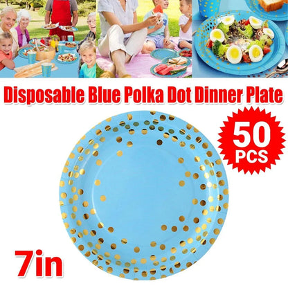 50-Pack Blue and Gold Polka Dot Disposable Paper Dessert Plates, 7 in